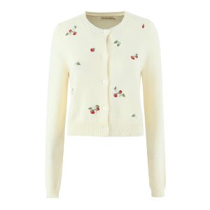 Simple Sweet Cherry Embroidered Knitted Cardigan