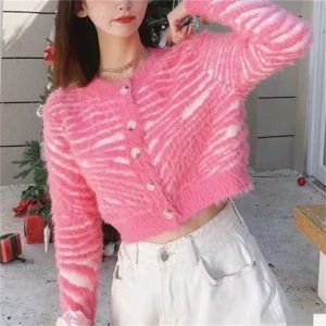 Mink Fur Zebra Pattern Knitted Cardigan Sweater Women's Coat
