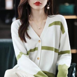 Fashion Striped Button Knitted Cardigan V-neck Women