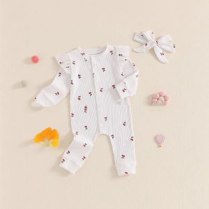 Cherry Printed Cotton Sunken Stripe Flounced Sleeve Jumpsuit Hair Band Two-piece Set