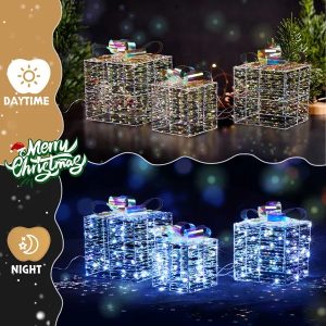 Lighted Iridescent Gift Boxes Set Of 3, Pre-lit Nestable Present Boxes Ornament With 140 LED Warm White Lights And Stakes For Christmas Outdoor Indoor Decor Lighted Holiday Displays