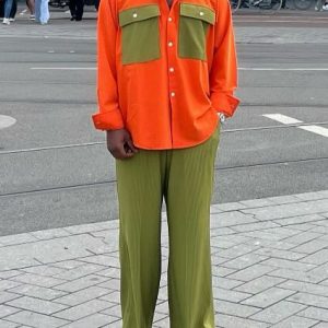 Orange And Olive Green Color-block Shirt With Wide-Leg Pants