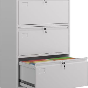 Metal 3 Drawer Lateral File Cabinet With 3 Lock - Wide Filing Cabinet For Letter Legal F4 A4 Hanging Files - Includes Business Card Holder,Home Office School Storage,White