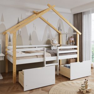 Wooden Bed, Children S Bed, 3ft Single Bed 90x190cm, MDF  Pinewood  Plywood, Safety Guardrail, Two Storage Drawers With Wheels,Roof Shape, White  Natural