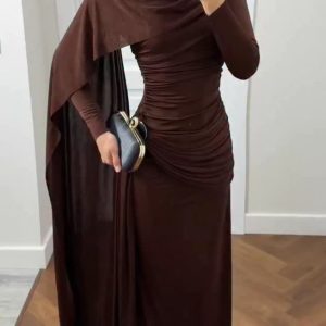 Brown Draped Maxi Dress With Ruched Detail