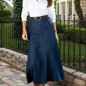 2025 Spring New Women's High Waist Loose A-line Cowboy Skirt, Medium Length Elastic Casual Solid Color Skirt, Elegant For Office And Daily Wear, Fashionable Style Smooth, Cowboy Fabric Washable