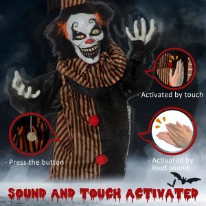 5.6' Life Size Clown Outdoor Halloween Decoration Animatronic, Animated Prop W Light Up Eyes