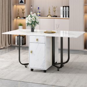 Folding Dining Table 1 Piece With Cupboard And 2 Drawers, Folding Kitchen Utility Table, Space-saving Dining Table With 4 Supporting Legs On Gliders White  Black