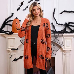 Women's Halloween Pumpkin Head Jacquard Knitted Cardigan Coat Sweater
