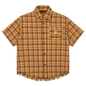 American Embroidery Pocket Yellow Short Sleeve Plaid Shirt Men And Women