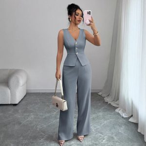 Solid Color Sleeveless Slim Fit Vest High Waist Trousers Two-piece Set