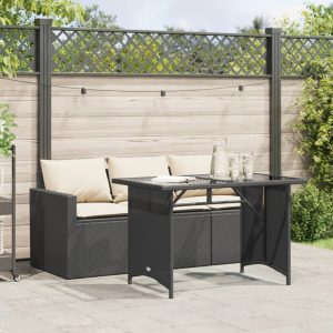 2-Piece Garden Dining Set with Cushions Black Poly Rattan