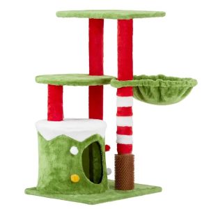 32in Cat Scratching Posts Tower With Cat Condo And Hammock, Christmas Themed Plush Cat Tree With Cat Massage Brush, Activity Center For Indoor Cats