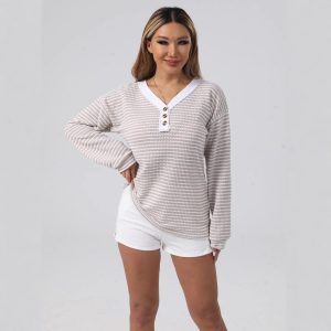V-neck Buttons Pullover Patchwork Casual Long Sleeve