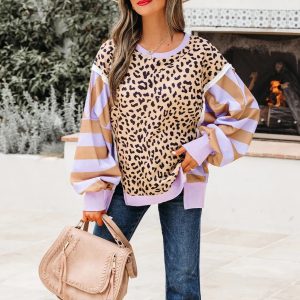 Purple Stripe Color Block Patchwork Leopard Casual Sweatshirt With Slits