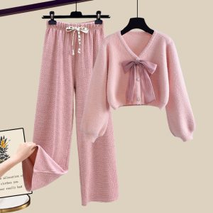 Soft Glutinous Bow Cardigan Sweater Wide-leg Casual Pants Two-piece Set