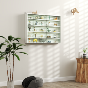 5-Tier White Display Cabinet With Glass Doors & Adjustable Shelves, Wall-Mounted