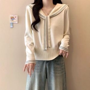 Sailor Collar Lace-up Striped Knitted Coat Women's Sweater
