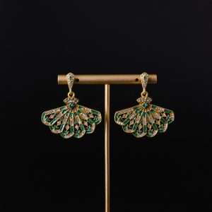 Folding Fan Elegant Retro Stud Color Diamond Scallop Earrings