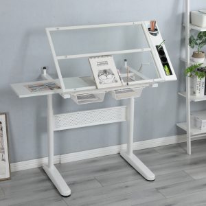 Hand Crank Adjustable Drafting Table Drawing Desk With 2 Metal Drawers  WhiteWITH STOOL