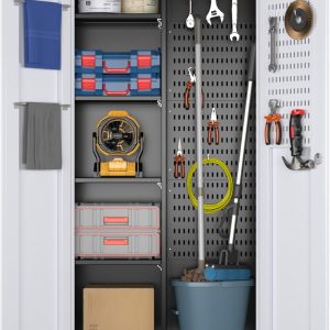 Broom Closet Storage Cabinet With Wheels And Pegboard,Metal Garage Storage Cabinet With Lockable And Magnetic Doors,Adjustable Shelves For Garage Home Office,Required Assembly,Black And White