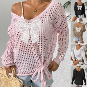 Pullover Strap Butterfly Stitching Idle Style Loose Long Sleeve Top