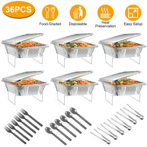 36Pcs Per Set Disposable Chafing Dish Buffet Set Food Warmers For Party Buffet Server Catering Supplies With Covers Utensils Half Size Food Pans For Parties Events BBQ Catering