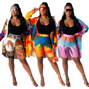 Women's Fashion Casual Contrast Color Pattern Printed Shirt Skirt Shorts Suit