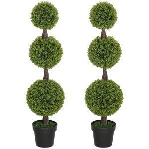 Set Of 2 Artificial Ball Boxwood Topiary Trees, Fake Plants In Pots For Indoor Outdoor Living Room, Green
