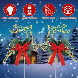 2Pcs Christmas Lighted Reindeer Decoration LED Pathway Stake Lights Battery Powered For Outdoor Garden Lawn Porch Front Door Patio Holiday Decor