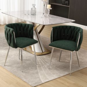GOMYWAY Modern Hand Weaving Dining Chairs Set Of 2, Boucle Upholstered Side Chairs With Silver Legs, Kitchen Chairs With Armrest, Accent Chairs, Vanity Chairs For Dining Room Emerald, Set Of 2