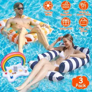 Set Of 3 Pack Inflatable Pool Floats 1 Drink & Snack Float 2 Water Hammocks With High Buoyancy Pillows Cooling Mesh