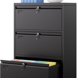 Aobabo 3 Drawer Lateral File Cabinet With Wheels,Metal Filing Cabinet With 3 Lock, For Home Office School Hanging Files Letter Legal F4 A4 Size, Assembly Required, Black