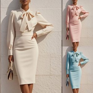 Women's Elegant Solid Stand Collar Long Sleeve Dress With Bow Detail Hem Slit Formal Midi Dress For Spring&Fall