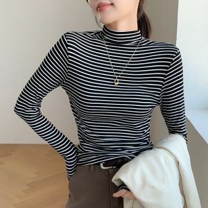 Half Collar Top Pinstripe Long-sleeved T-shirt