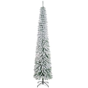 9ft Snow-Flocked Artificial Christmas Tree, Slim Pencil Xmas Tree With 714 Realistic Branches, Metal Base, Green