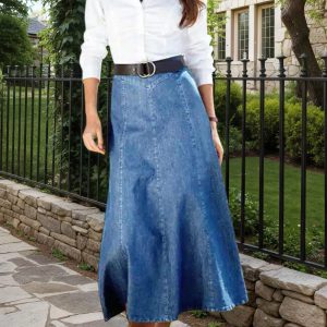 2025 Spring New Women's High Waist Loose A-line Cowboy Skirt, Medium Length Elastic Casual Solid Color Skirt, Elegant For Office And Daily Wear, Fashionable Style Smooth, Cowboy Fabric Washable