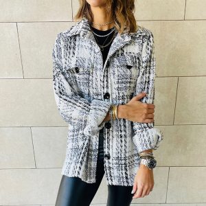 Women's Lapel Loose Button Long Sleeve Plaid Jacket