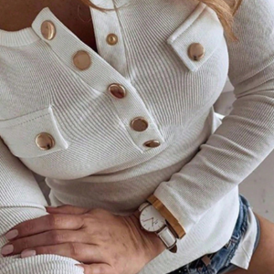 Slim Fit Casual Square Collar Half-Zip Long Sleeve T-Shirt With Metal Buckles Fall Cloth For Women