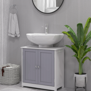 Kleankin Bathroom Vanity Cabinet, Sink Cabinet With U-Shape Cut-Out, Adjustable Shelf, White And Gray