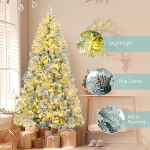 6FT Snow Flocked Christmas Tree, Pre-Lit Set With Tree & Garland & Wreath, Artificial Hinged Xmas Tree With Colorful LED Lights, 8 Lighting Modes, Pine Cones,