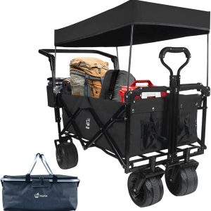 Collapsible Wagon 140L Wagons Carts Foldable With Removable Canopy, Folding Wagon Cart With Wheels For All-Terrain With Brake, Foldable Wagon With Cooler Bag, For Camping Beach Shopping