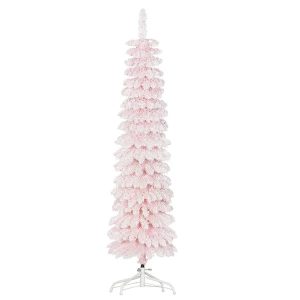 5ft Snow-Flocked Artificial Christmas Tree, Slim Pencil Xmas Tree With 301 Realistic Branches, Metal Base,
