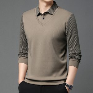 Business Casual Men's Clothing Fake Two-piece Striped Sleeve T-shirt