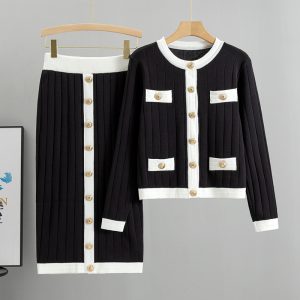 Skirt Knitted Cardigan Two-piece Set Dress For Women Autumn And Winter