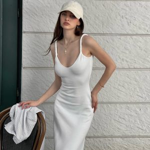 Women's Fashion Sexy Slimming Beam Waist Solid Color Shoulder Strap Twist Dress
