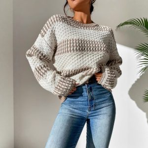Contrast Color Drop Shoulder Round Neck Loose Casual Long Sleeves Sweater