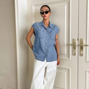 Pocket Denim Loose Top Casual Women