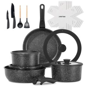 Pots And Pans Set Non Stick 17pcs, Kitchen Cookware Sets With Detachable Handle, Induction Nonstick Cookware Set With Removable Handle, Stackable RV Cookware, Oven Safe, PFAS PFOA Free