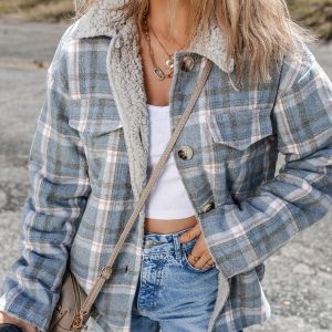 Sky Blue Stripe Sherpa Collar Cuffs Patchwork Plaid Shirt Jacket With Chest Pocket